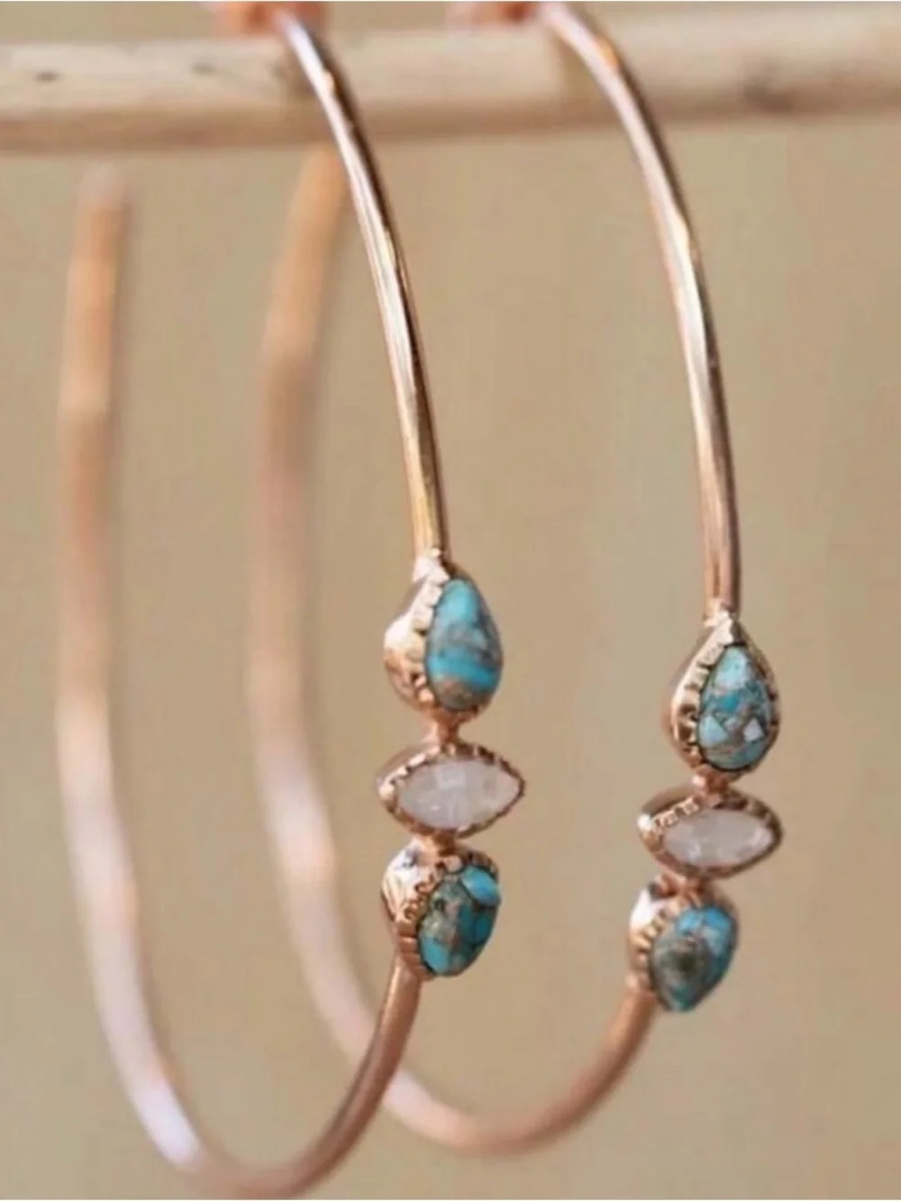 Gold Hoop Earrings with Turquoise and Peach Stone Accents